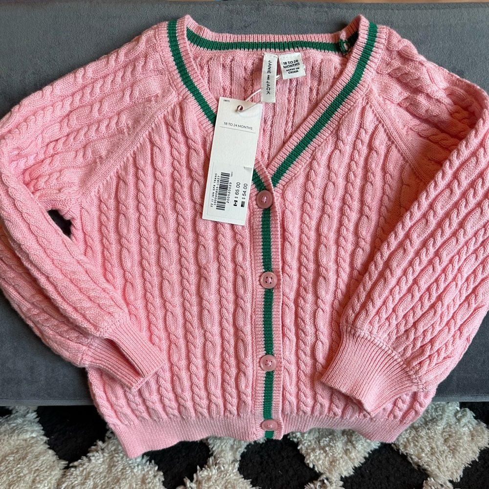 Janie and Jack Pink Cable Knit Cardigan with Green Trim